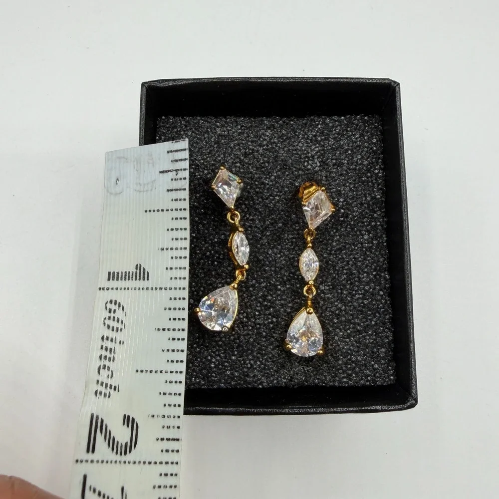 Gold Tone Clear Crystal CZ Long Drop Dangle Earrings Pear Marquise Kite Pierced
